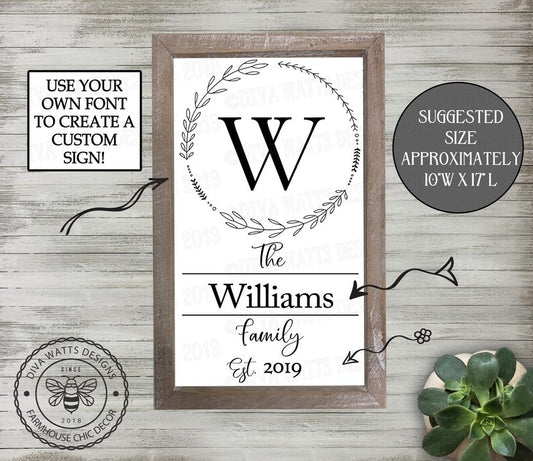 SVG Monogram Last Name Sign | Cutting File | Instant Download | Farmhouse Rustic Wreath | DXF PNG eps | Vinyl Download | You Customize