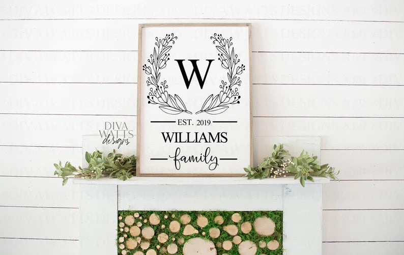 SVG Monogram Family Last Name | Cutting File | Welcome Farmhouse Sign | Floral Wreath | Vinyl Stencil HTV | Tea Towel | Vertical Rectangle