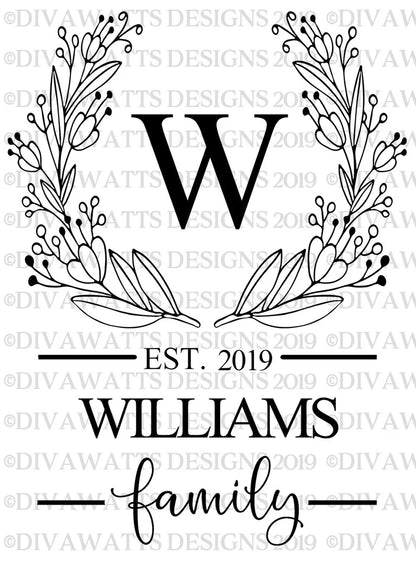 SVG Monogram Family Last Name | Cutting File | Welcome Farmhouse Sign | Floral Wreath | Vinyl Stencil HTV | Tea Towel | Vertical Rectangle