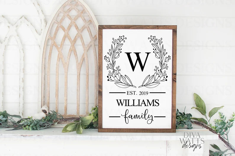 SVG Monogram Family Last Name | Cutting File | Welcome Farmhouse Sign | Floral Wreath | Vinyl Stencil HTV | Tea Towel | Vertical Rectangle