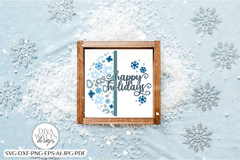 Happy Holidays Leopard Snowflakes Print SVG | Christmas Door Hanger | Round Design
