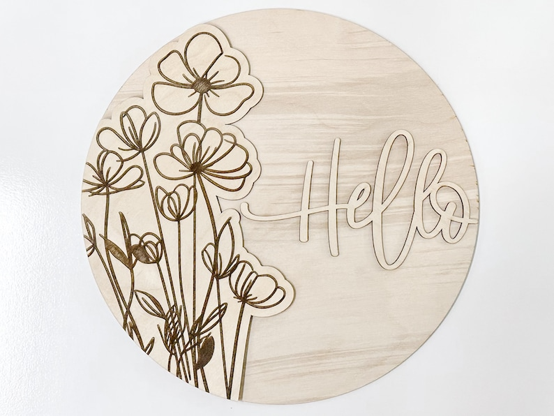 Hello With Wildflowers Glowforge Laser SVG | Floral Door Hanger Design