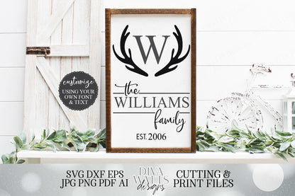 Family Monogram / Last Name Cutting File and Printable | Deer Antlers | Customize With Your Own Font | svg dxf jpg pdf and more!