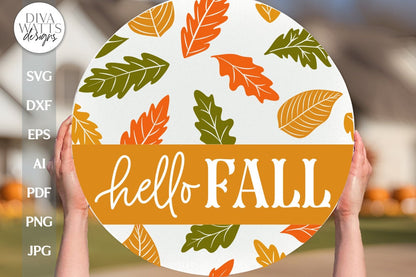 Hello Fall SVG For Autumn Door Hanger With Fall Leaves SVG For Front Door Sign Hello Fall Door Hanger SVG Falling Leaves svg For Round Sign