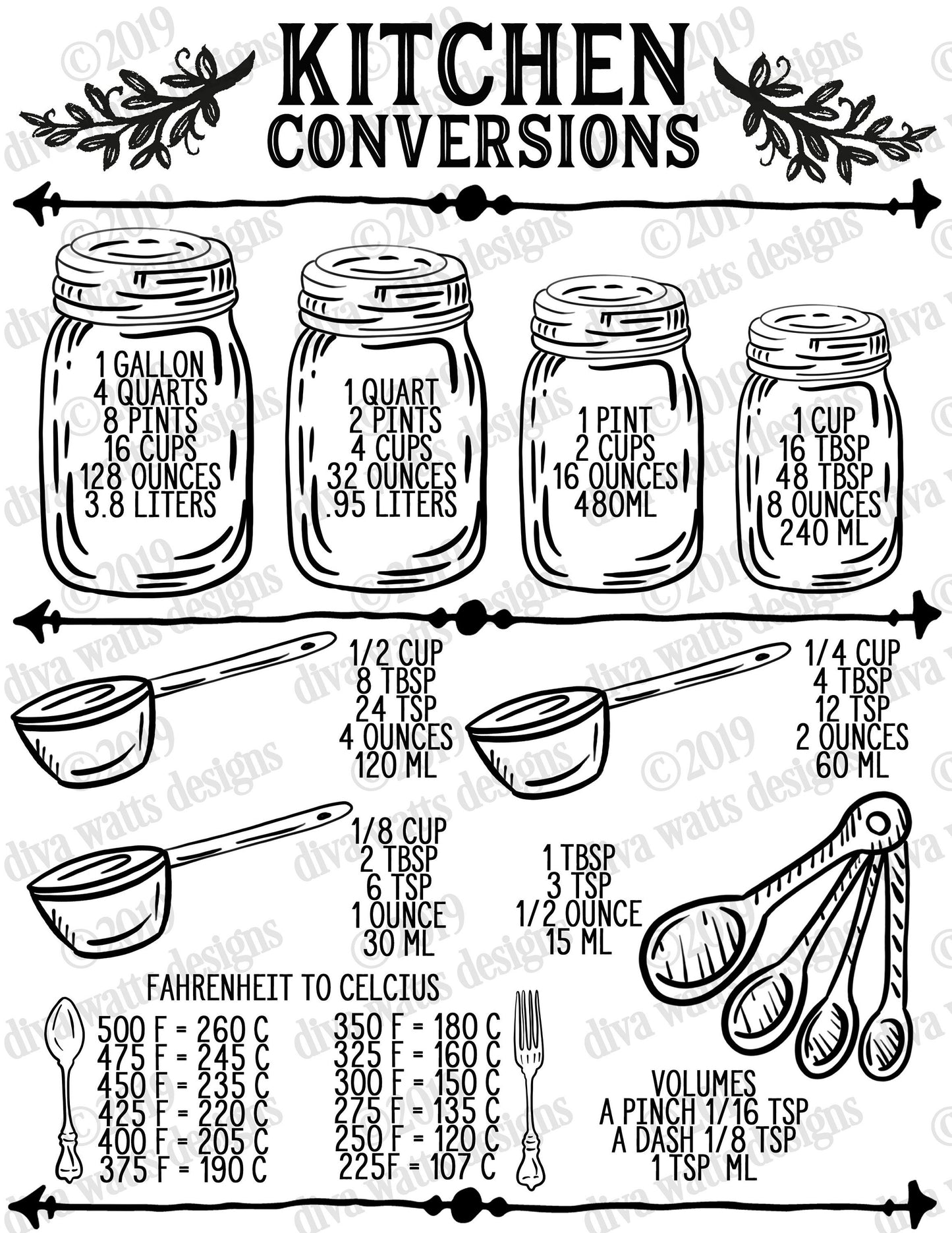 Printable Kitchen Conversions Chart Cheat Sheet | White Background Black Writing | Instant Download | Multiple Sizes | 300 dpi JPG