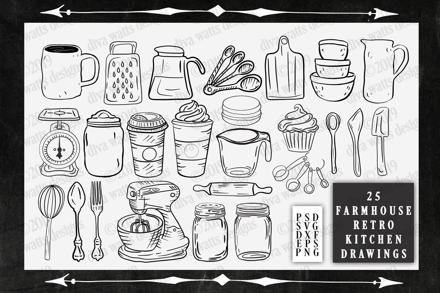 25 Hand Drawn SVG Clipart Farmhouse Kitchen | PSD DXF eps png Cutting Files | Instant Download | Retro Vintage Designs Mason Jar Mixer More