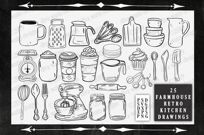 25 Hand Drawn SVG Clipart Farmhouse Kitchen | PSD DXF eps png Cutting Files | Instant Download | Retro Vintage Designs Mason Jar Mixer More