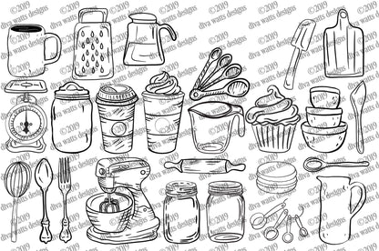 25 Hand Drawn SVG Clipart Farmhouse Kitchen | PSD DXF eps png Cutting Files | Instant Download | Retro Vintage Designs Mason Jar Mixer More