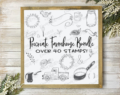 Procreate Stamp Bundle | Farmhouse Rustic  Vintage Style | Over 40 images | Instant Download | Wreaths Mason Jar Truck Laurels