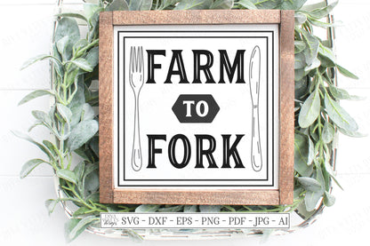 SVG | Farm To Fork | Cutting File | Kitchen Sign Tea Towel | Cutlery Knife | Farmhouse Rustic | Vinyl Stencil HTV | Vintage Frame | dxf eps