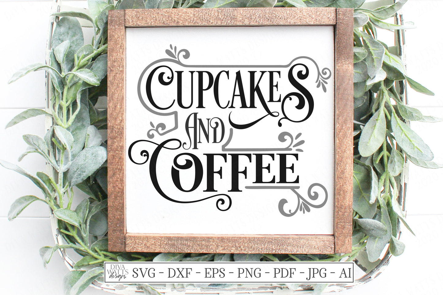 SVG | Cupcakes And Coffee | Cutting File | Vintage Style Flourishes Swirls Signage Sign | Farmhouse Rustic | Bar | Vinyl Stencil HTV | dxf