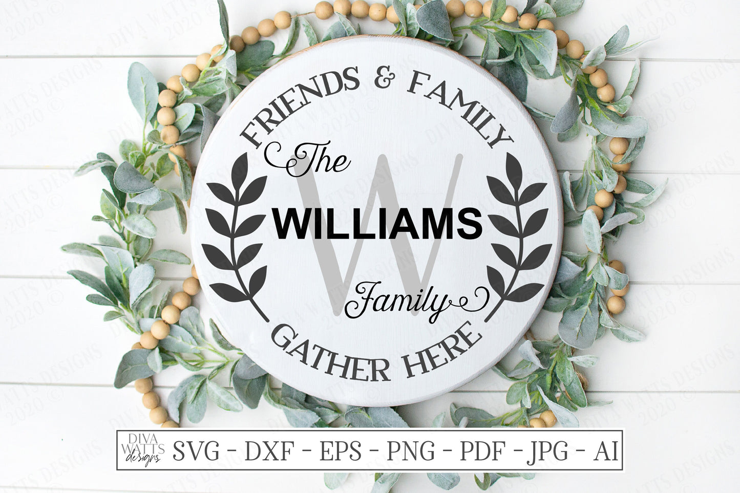 SVG | Friends & Family Gather Here | Cutting File | Monogram | Last Name Personalize Customize | Family Welcome Kitchen Round Farmhouse Sign