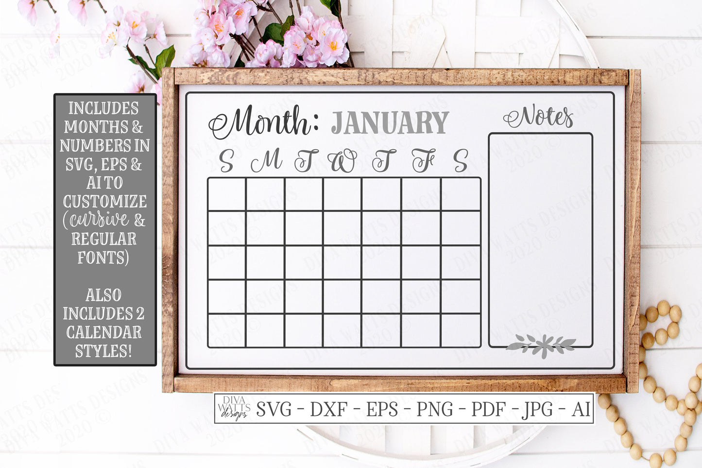 SVG | Monthly Calendar Cutting File | Farmhouse Sign | Months Numbers | Customize Personalize | Notes | Print | Vinyl Stencil HTV | DXF eps