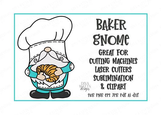 SVG | French Baker Gnome | Croissant Pastry | Gnomie | Gnomes | Laser Cutter Sublimination Clipart | Vinyl Stencil HTV dxf Sign Shirt