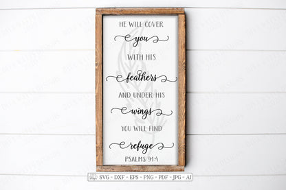 SVG | He Will Cover You In His Feathers | Cutting File |  Psalm 91:4 Christian Bible Verse Farmhouse Decor Sign | DXF EPS | Vinyl Stencil