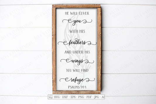 SVG | He Will Cover You In His Feathers | Cutting File |  Psalm 91:4 Christian Bible Verse Farmhouse Decor Sign | DXF EPS | Vinyl Stencil