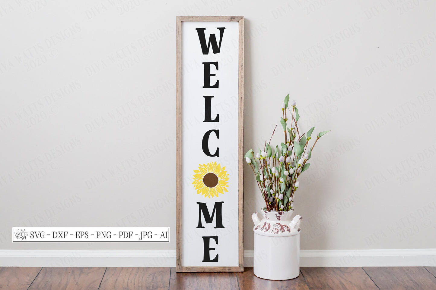 SVG | Welcome Sunflower | Cutting File | DXF EPS | Vinyl Stencil htv | Front Porch Entry Sign | Spring Summer | Cricut Silhouette | Vertical