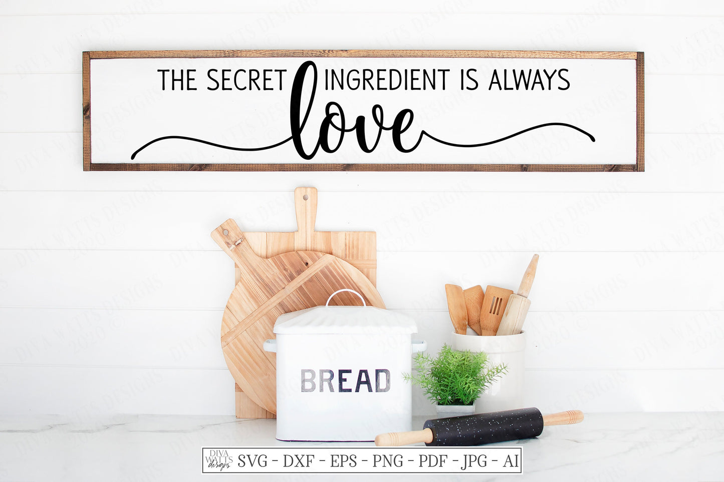 SVG | The Secret Ingredient Is Always Love | Cutting File | Farmhouse Rustic Kitchen Sign | Vinyl Stencil HTV | Tea Towel Apron | dxf png ai