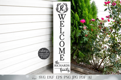 Vertical Welcome Sign with Monogram and Last Name | Leaning Porch Sign | Customize | SVG DXF eps png and more! | Digital Download