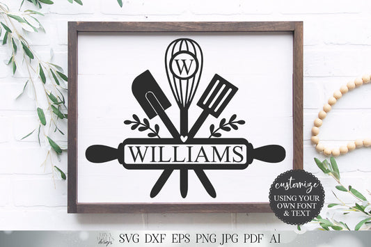 Kitchen Utensils Monogram / Last Name SVG | Farmhouse Kitchen Sign SVG | Tea Towel SVG | dxf and more! | Printable