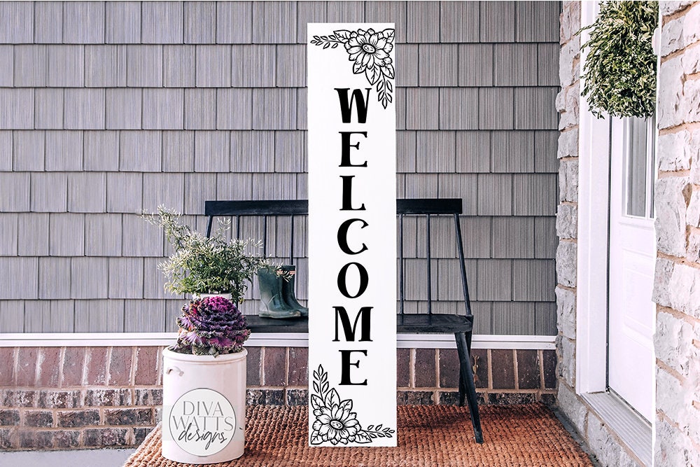 Welcome Floral Daisies SVG | Farmhouse Vertical Sign | dxf and more