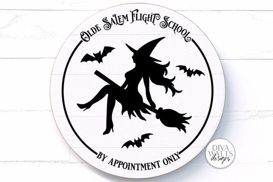 Olde Salem Flight School SVG | Halloween Round Sign | Sexy Witch SVG