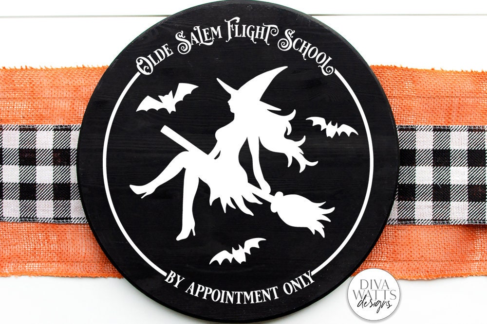 Olde Salem Flight School SVG | Halloween Round Sign | Sexy Witch SVG