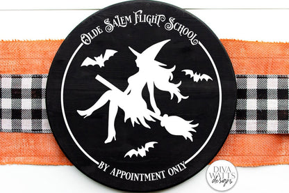 Olde Salem Flight School SVG | Halloween Round Sign | Sexy Witch SVG