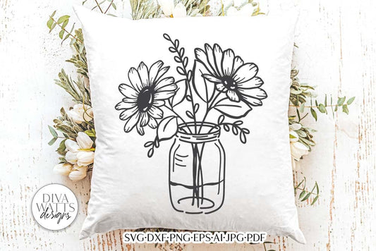 Daisies In Mason Jar Arrangement SVG | Boho Farmhouse Line Art Design