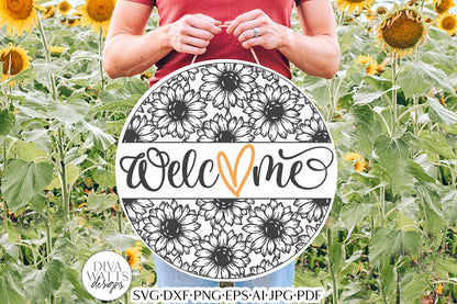 Welcome With Sunflowers & Heart SVG | Round Sign Design