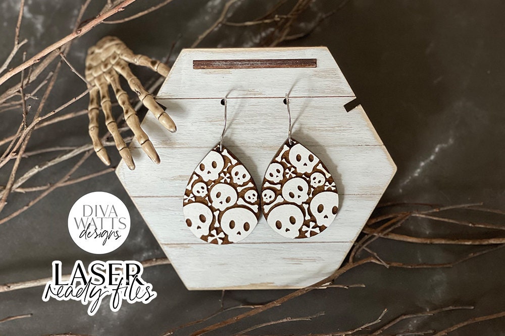 Halloween Skull Drop Earrings Glowforge SVG | Spooky Bones Design