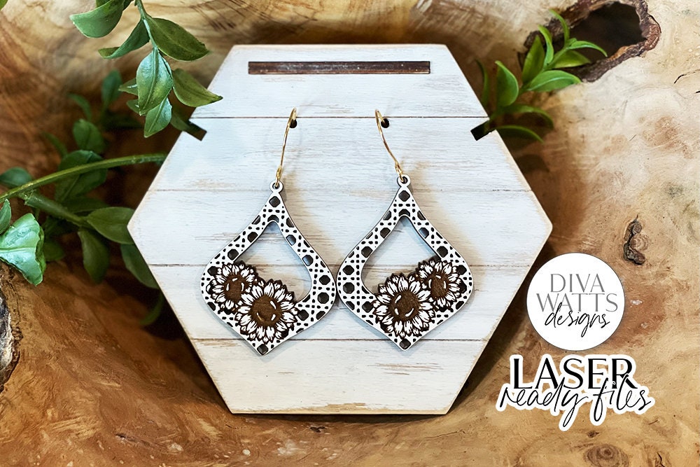 Modern Boho Sunflower Rattan Drop Earrings Glowforge SVG | Floral Laser File