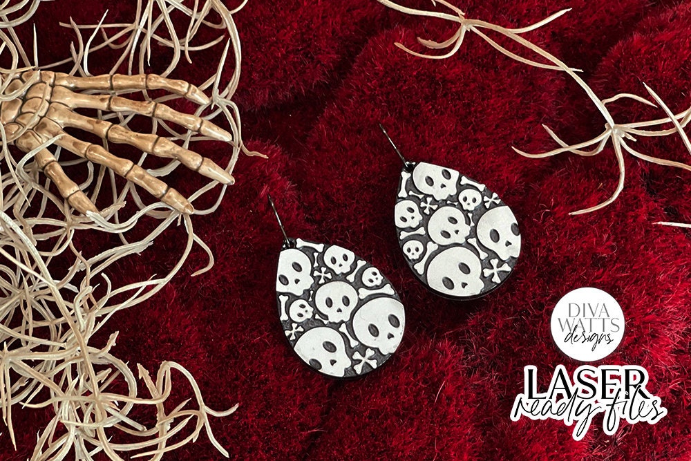 Halloween Skull Drop Earrings Glowforge SVG | Spooky Bones Design