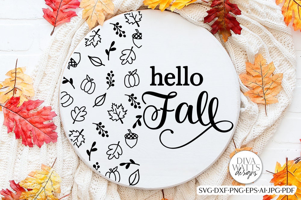 Hello Fall SVG | Round Autumn Pattern Door Hanger Design