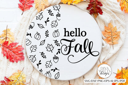 Hello Fall SVG | Round Autumn Pattern Door Hanger Design