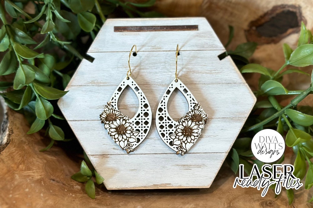 Boho Sunflower Rattan Drop Earrings Glowforge SVG | Floral Laser File