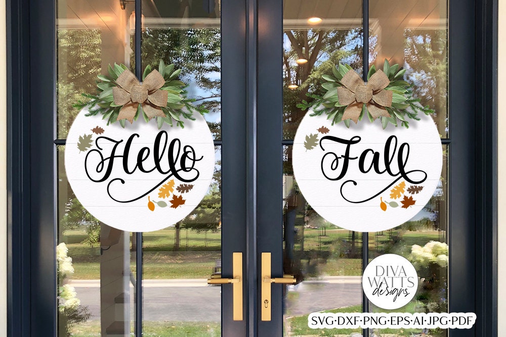 Hello Fall Double Doors SVG Set | Round Autumn Leaves Door Hanger Design