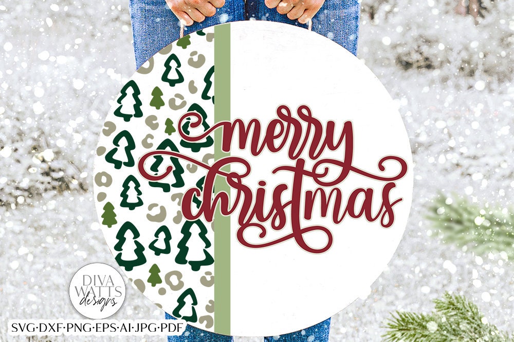 Merry Christmas Leopard Tree Print SVG | Winter Door Hanger | Round Design