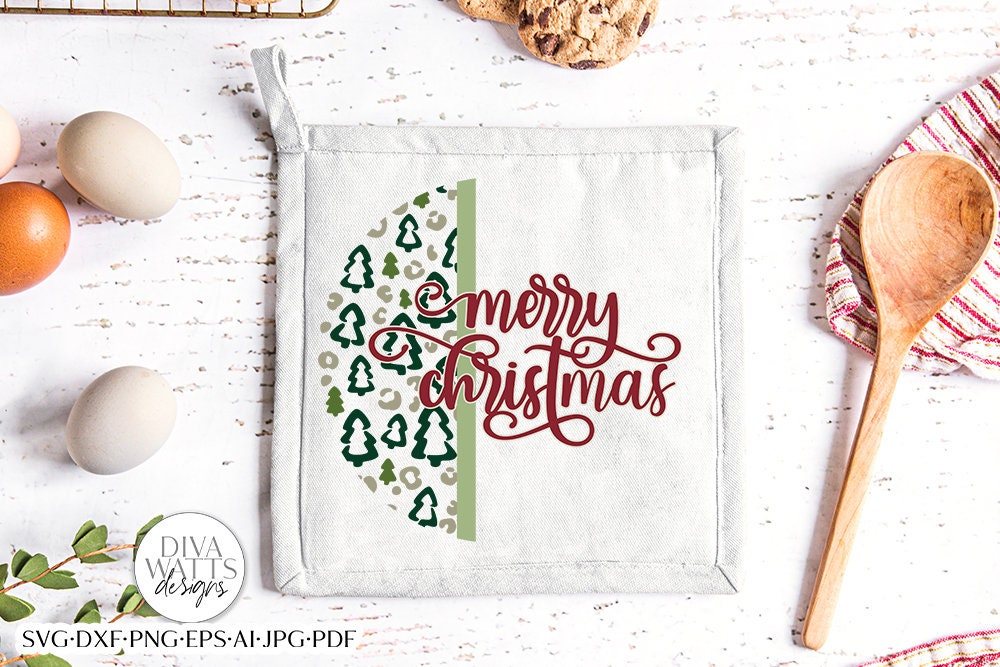 Merry Christmas Leopard Tree Print SVG | Winter Door Hanger | Round Design