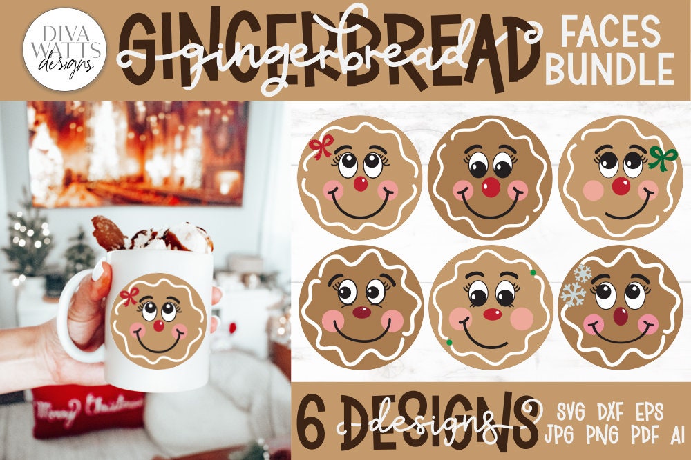 Gingerbread Faces SVG Bundle | Christmas / Winter Round Design