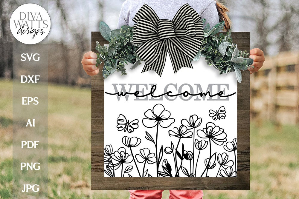 Welcome With Doodle Flowers SVG | Farmhouse Spring Welcome Design for Door Hanger | DXF and More Included