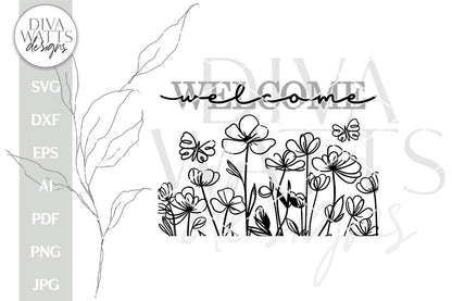 Welcome With Doodle Flowers SVG | Farmhouse Spring Welcome Design for Door Hanger | DXF and More Included