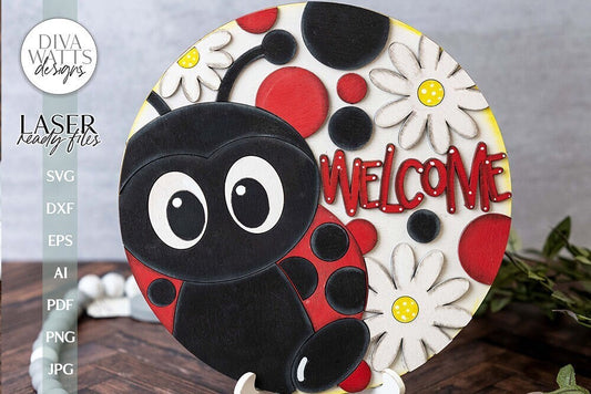 Welcome Glowforge Laser SVG Ladybug & Daisies Door Hanger Design Ladybug Sign SVG Laser File for Front Door Decor Ladybug Welcome Sign