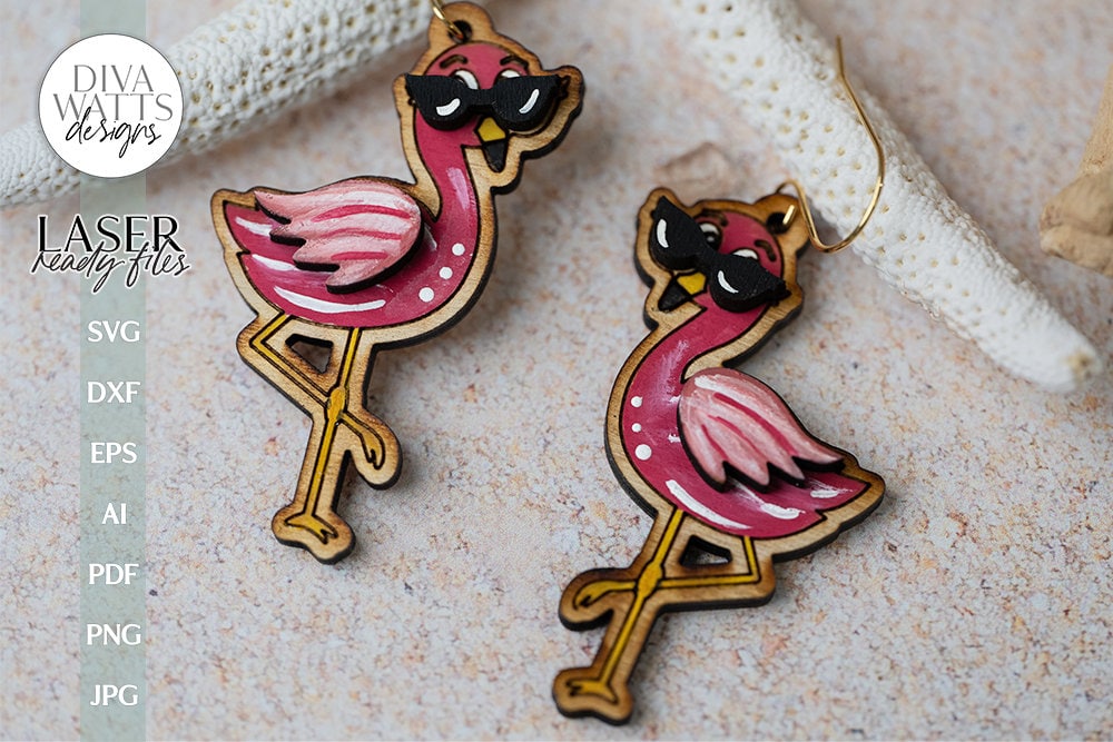 Cute Flamingo Earrings Glowforge SVG Laser Flamingo With Sunglasses Earrings Laser File Cute Flamingo Jewelry For Laser