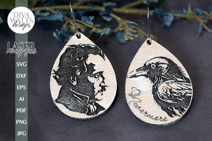 Edgar Allan Poe And Raven Earrings SVG For Laser Glowforge Edgar Allan Poe Silhouette of Face Poe Face SVG Edgar Allan Poe SVG For Halloween