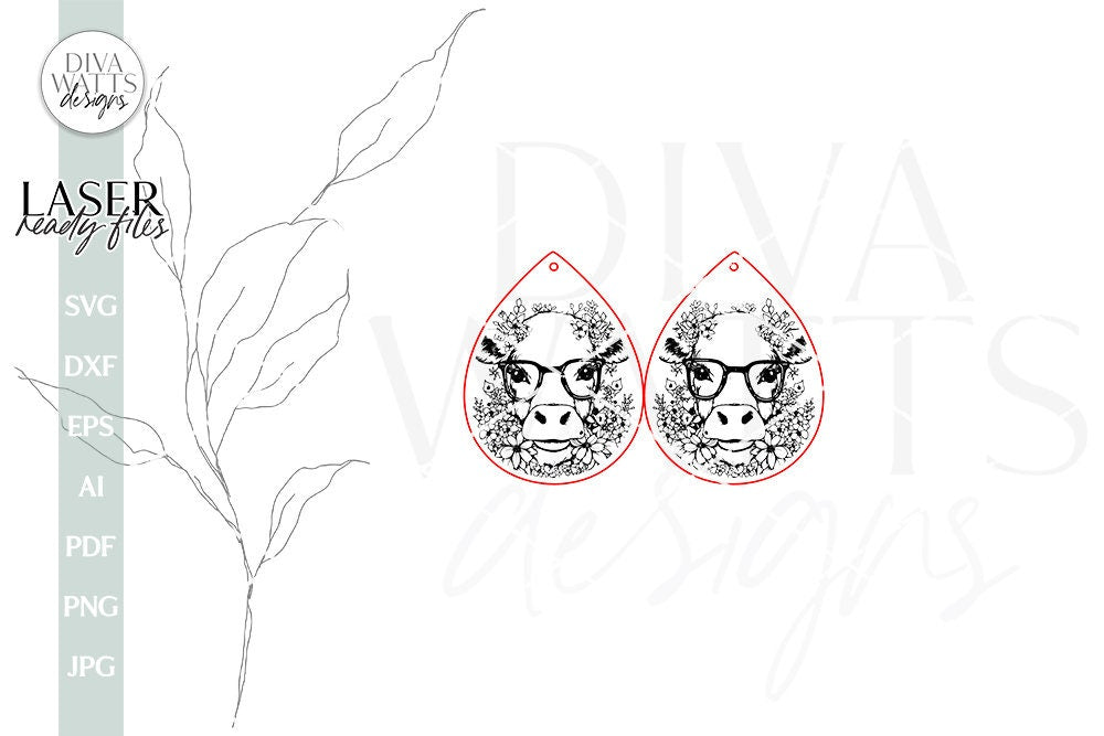 Cow With Flowers Earring SVG File For Laser Earrings SVG With Cow Earrings For Glowforge Cow Earrings With Flowers SVG Cow Glasses earrings