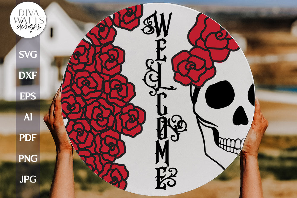 Welcome SVG With Skull and Roses For Halloween Door Hanger SVG With Gothic Skull Welcome With Roses For Front Door Sign With Skull SVG