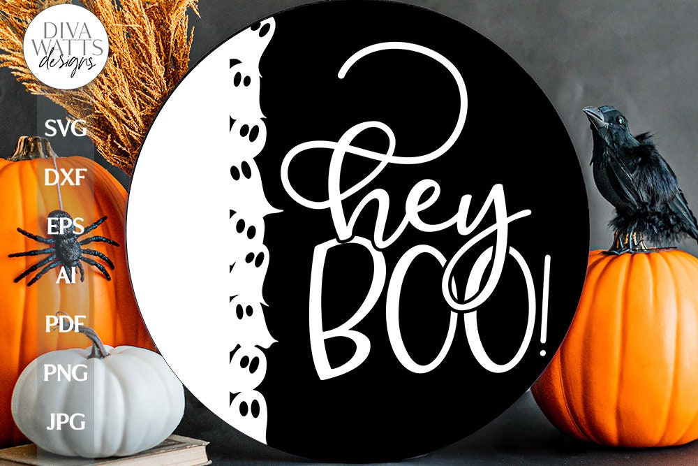 Hey Boo Ghost SVG Halloween Round Design With Ghosts SVG Design For Door Hanger With Ghosts For Halloween Ghost Design For Front Door SVG