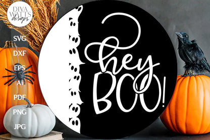 Hey Boo Ghost SVG Halloween Round Design With Ghosts SVG Design For Door Hanger With Ghosts For Halloween Ghost Design For Front Door SVG