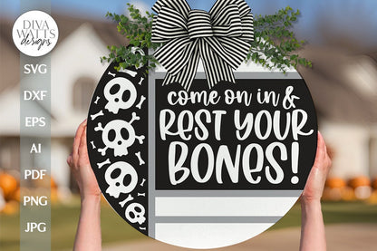 Welcome SVG For Halloween With Skull Door Hanger For Halloween SVG With Skulls For Sign Come In And Rest Your Bones Halloween Boho SVG File